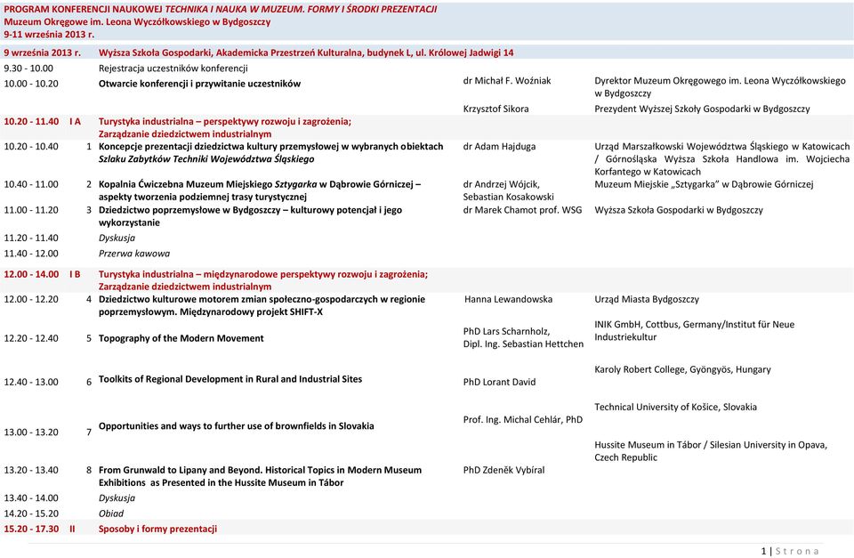 20 Otwarcie konferencji i przywitanie uczestników dr Michał F. Woźniak Dyrektor Muzeum Okręgowego im. Leona Wyczółkowskiego w 10.20-11.