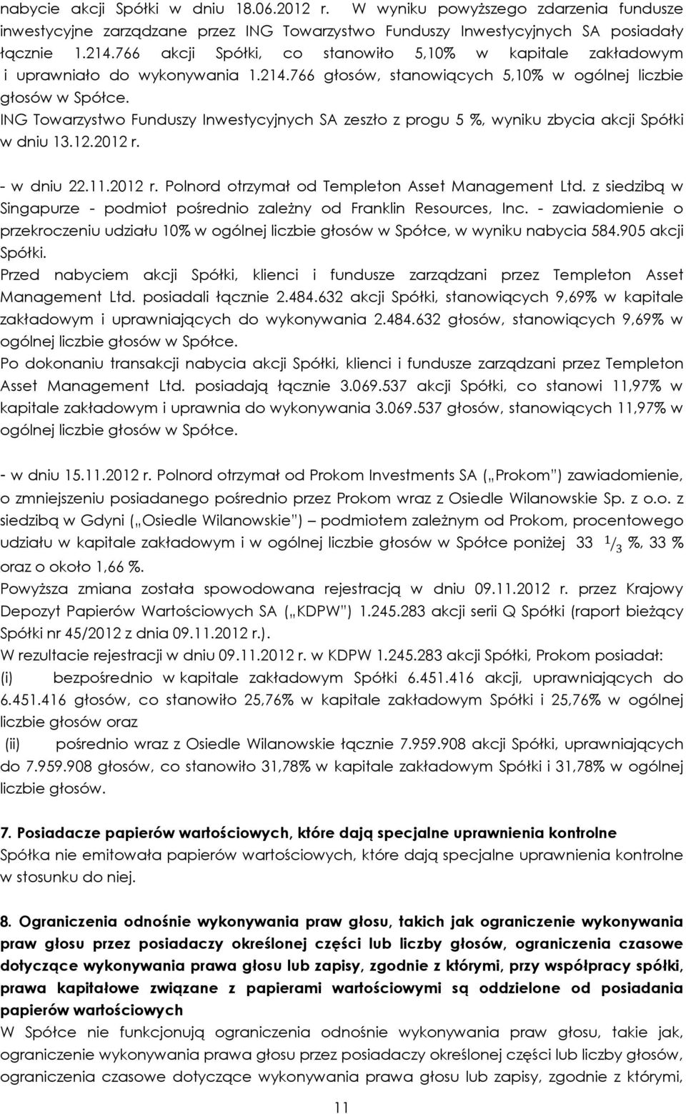 ING Towarzystwo Funduszy Inwestycyjnych SA zeszło z progu 5 %, wyniku zbycia akcji Spółki w dniu 13.12.2012 r. - w dniu 22.11.2012 r. Polnord otrzymał od Templeton Asset Management Ltd.