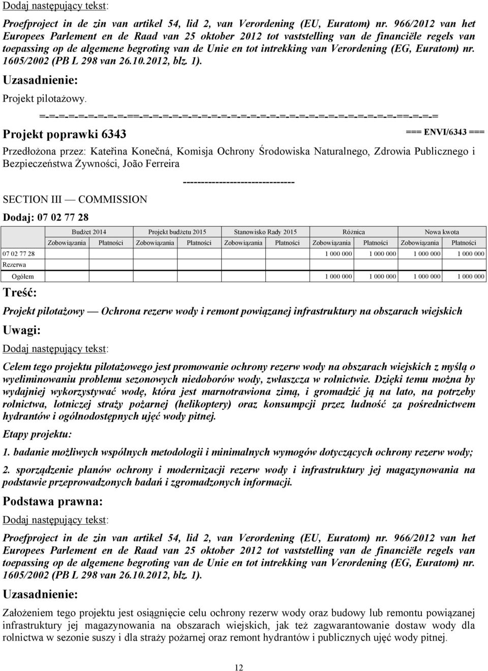 Euratom) nr. 1605/2002 (PB L 298 van 26.10.2012, blz. 1). Projekt pilotażowy.