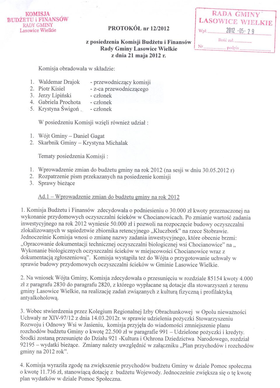Krystyna Swigon. - przewodniczacy komisji - z-ca przewodniczacego W posiedzeniu Komisji wzieli równiez udzial: 1. Wójt Gminy - Daniel Gagat 2.