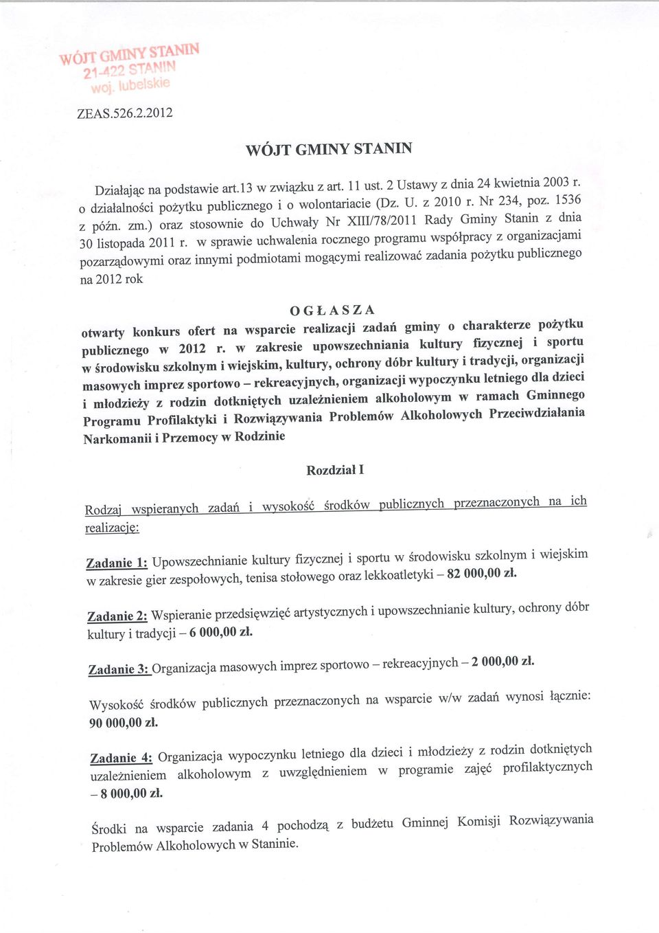 w sprawie uchwalenia rocznego programu wsp6lpracy z otganizaciani pozarz4dov,rymi orazinnymi podmiotami mog4cymi tealizowa' zadania pozytku publicznego na20l2rok OGI,ASZA otwarty konkurs ofert na