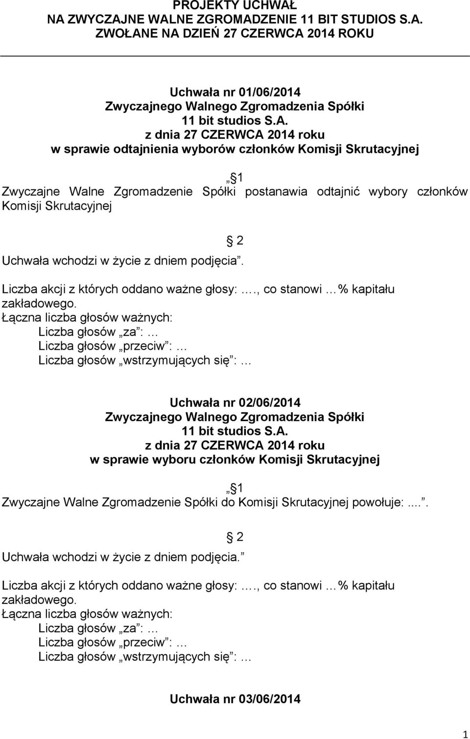 odtajnienia wyborów członków Komisji Skrutacyjnej Zwyczajne Walne Zgromadzenie Spółki postanawia odtajnić wybory członków