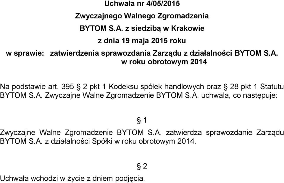 395 pkt 1 Kodeksu spółek handlowych oraz 8 pkt 1 Statutu Zwyczajne Walne