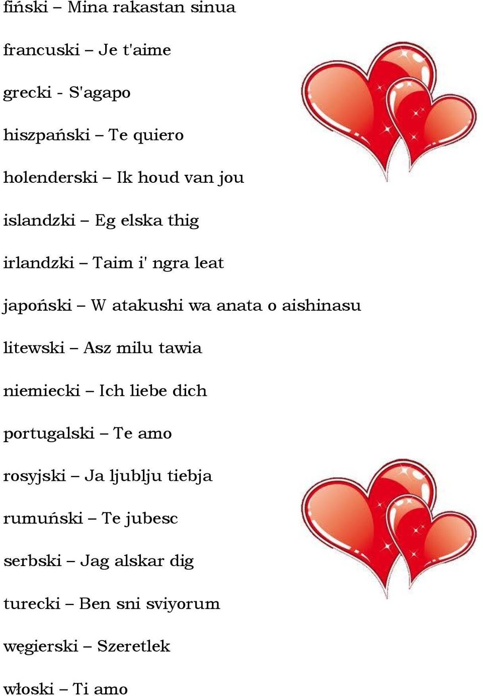 aishinasu litewski Asz milu tawia niemiecki Ich liebe dich portugalski Te amo rosyjski Ja ljublju