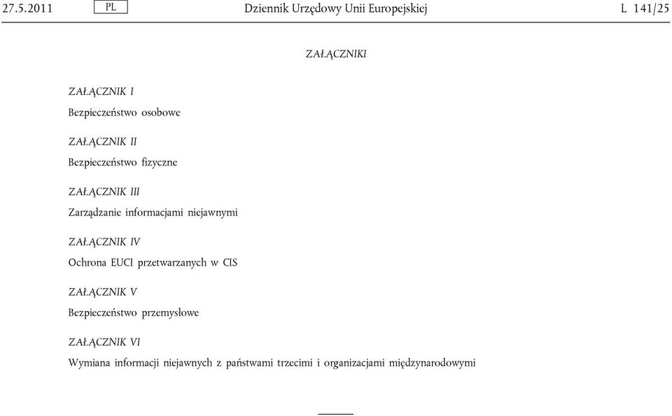 niejawnymi ZAŁĄCZNIK IV Ochrona EUCI przetwarzanych w CIS ZAŁĄCZNIK V Bezpieczeństwo