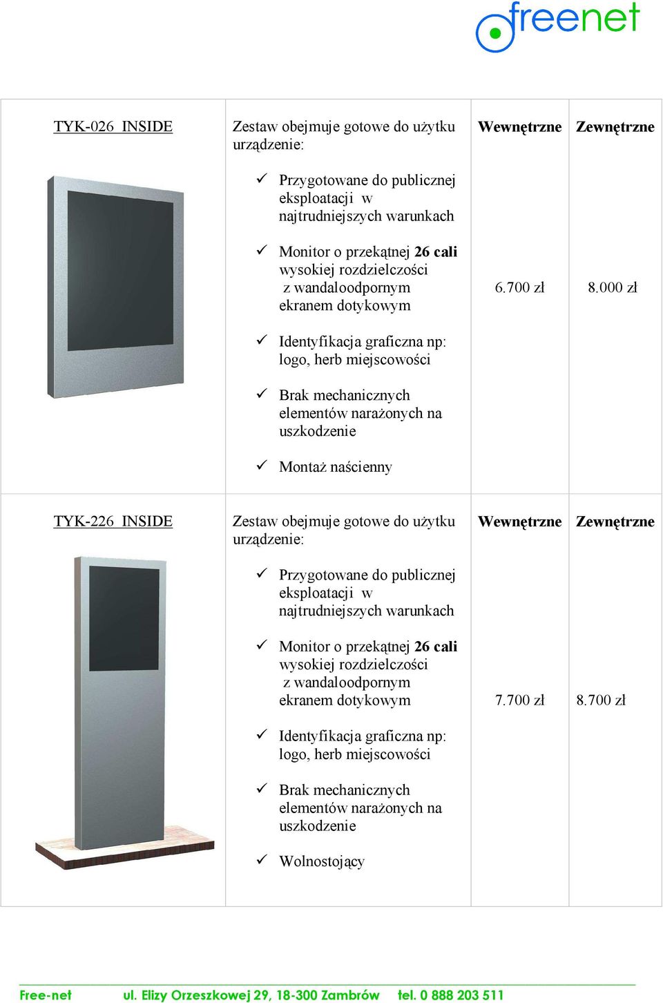 000 zł Identyfikacja graficzna np: logo, herb miejscowości Brak mechanicznych elementów naraŝonych na uszkodzenie MontaŜ naścienny TYK-226 INSIDE Zestaw