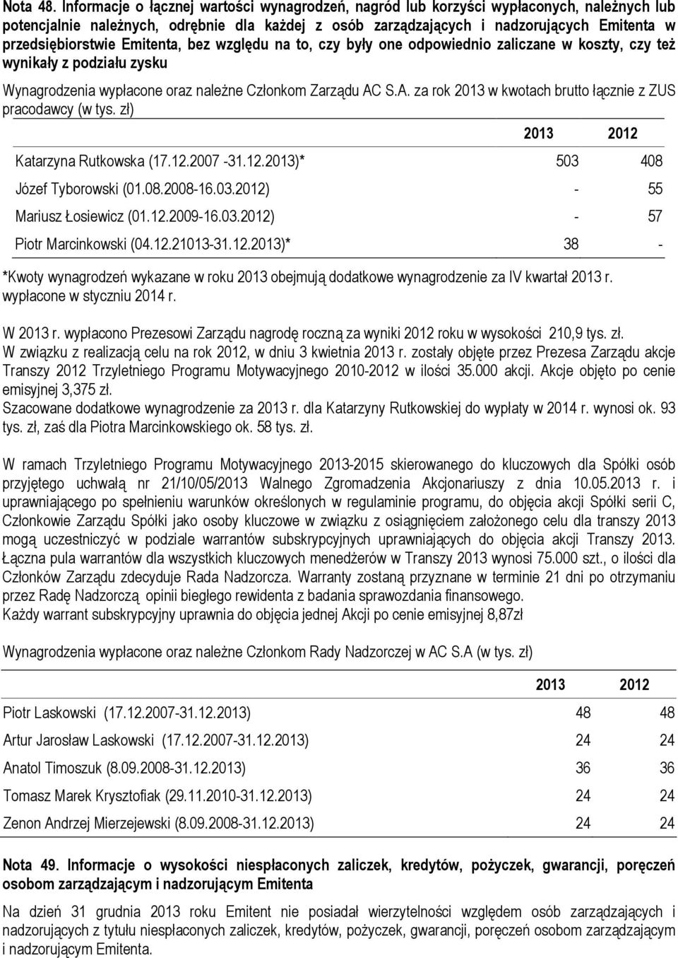 przedsiębiorstwie Emitenta, bez względu na to, czy były one odpowiednio zaliczane w koszty, czy też wynikały z podziału zysku Wynagrodzenia wypłacone oraz należne Członkom Zarządu AC