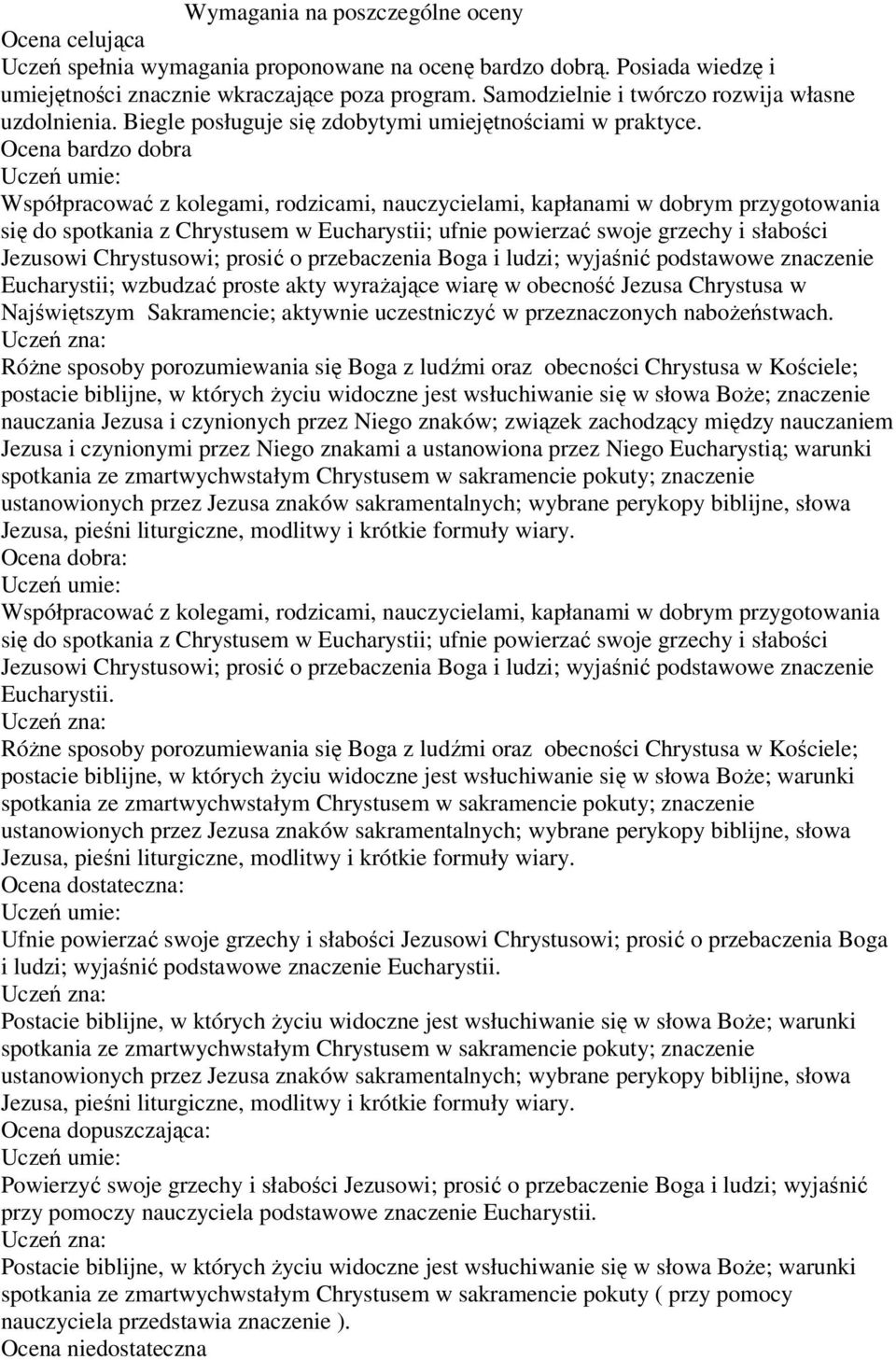 Ocena bardzo dobra Współpracować z kolegami, rodzicami, nauczycielami, kapłanami w dobrym przygotowania się do spotkania z Chrystusem w Eucharystii; ufnie powierzać swoje grzechy i słabości Jezusowi