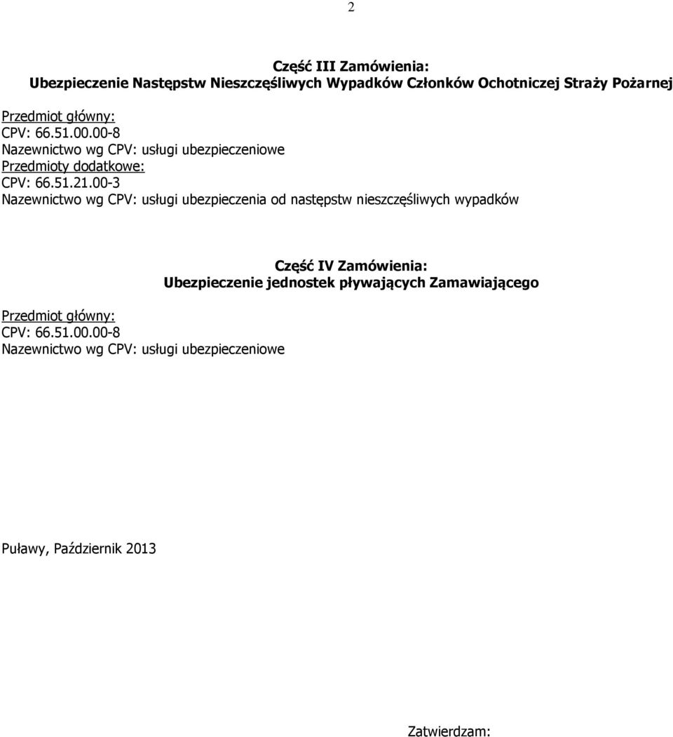 00-3 Nazewnictwo wg CPV: usługi ubezpieczenia od następstw nieszczęśliwych wypadków Przedmiot główny: CPV: 66.51.00.00-8