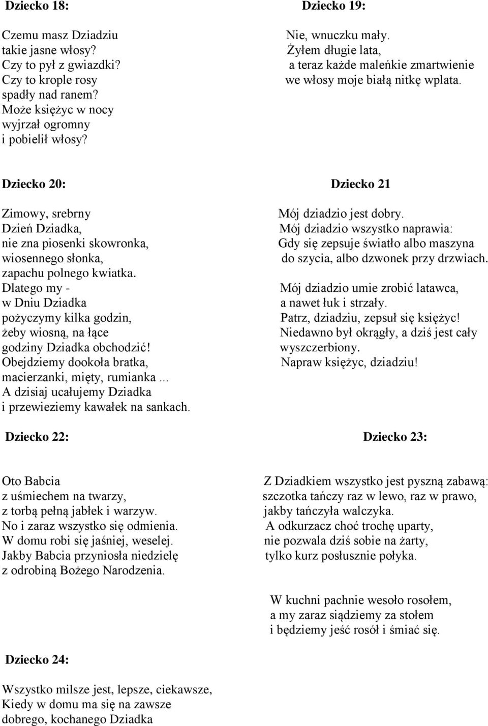 Dziecko 20: Dziecko 21 Zimowy, srebrny Dzień Dziadka, nie zna piosenki skowronka, wiosennego słonka, zapachu polnego kwiatka.