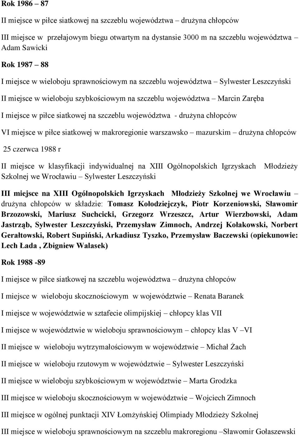 województwa - drużyna chłopców VI miejsce w piłce siatkowej w makroregionie warszawsko mazurskim drużyna chłopców 25 czerwca 1988 r II miejsce w klasyfikacji indywidualnej na XIII Ogólnopolskich