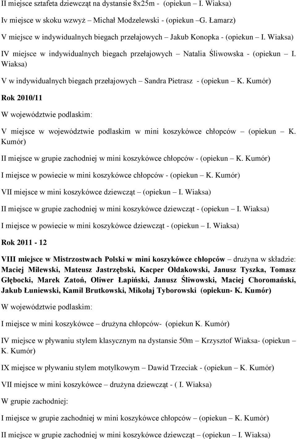 Wiaksa) V w indywidualnych biegach przełajowych Sandra Pietrasz - (opiekun K. Kumór) Rok 2010/11 V miejsce w województwie podlaskim w mini koszykówce chłopców (opiekun K.