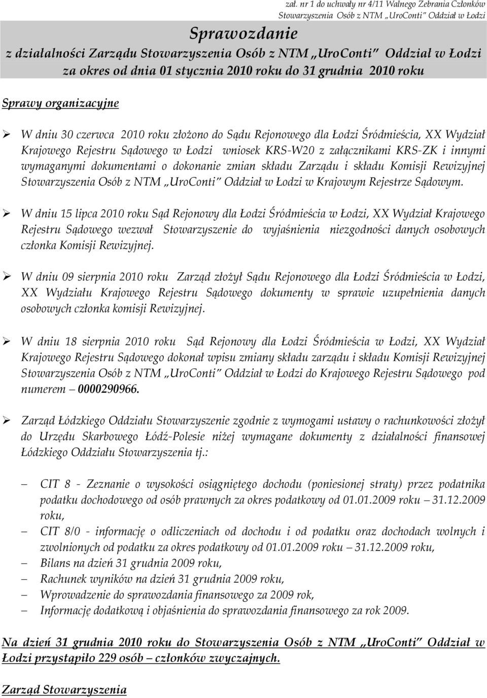 Łodzi wniosek KRS-W20 z załącznikami KRS-ZK i innymi wymaganymi dokumentami o dokonanie zmian składu Zarządu i składu Komisji Rewizyjnej Stowarzyszenia Osób z NTM UroConti Oddział w Łodzi w Krajowym