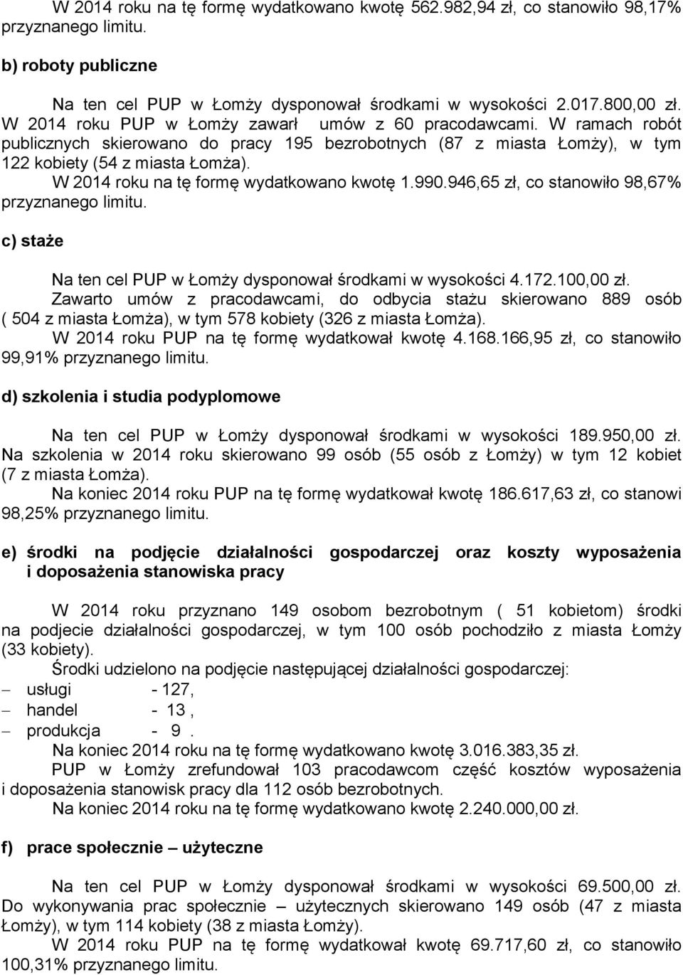 W 2014 roku na tę formę wydatkowano kwotę 1.990.946,65 zł, co stanowiło 98,67% przyznanego limitu. c) staże Na ten cel PUP w Łomży dysponował środkami w wysokości 4.172.100,00 zł.