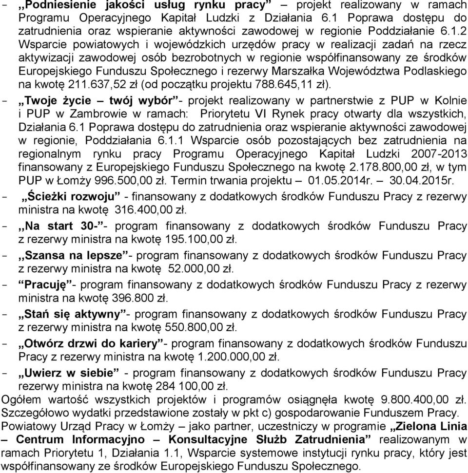 zawodowej osób bezrobotnych w regionie współfinansowany ze środków Europejskiego Funduszu Społecznego i rezerwy Marszałka Województwa Podlaskiego na kwotę 211.637,52 zł (od początku projektu 788.