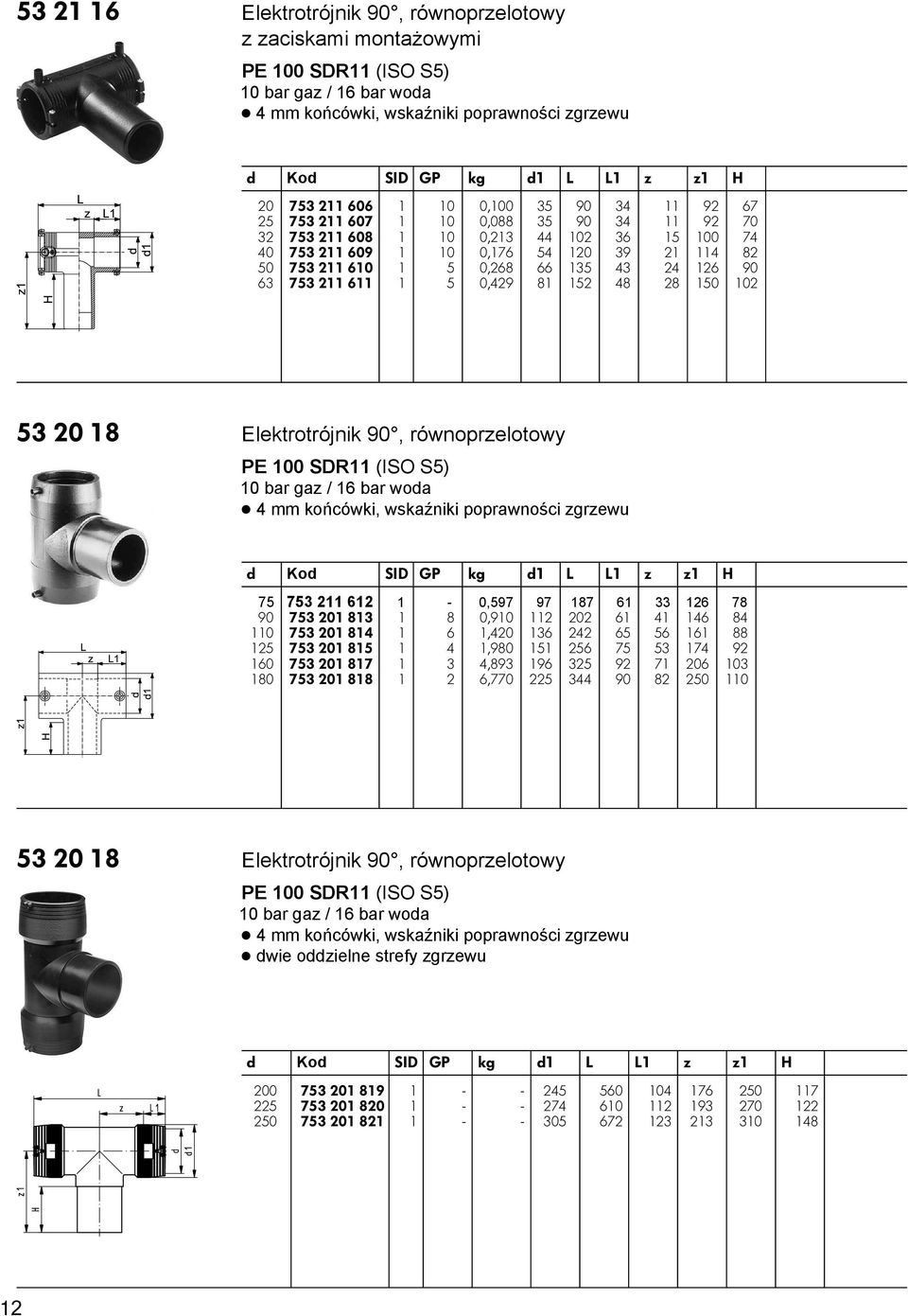 126 90 63 753 211 611 1 5 0,429 81 152 48 28 150 102 53 20 18 Elktrotrójnik 90, równoprzlotowy PE 100 SDR11 (ISO S5) 10 bar gaz / 16 bar woa ë4 mm końcówki, wskaźniki poprawności zgrzwu Ko SIDGP kg 1