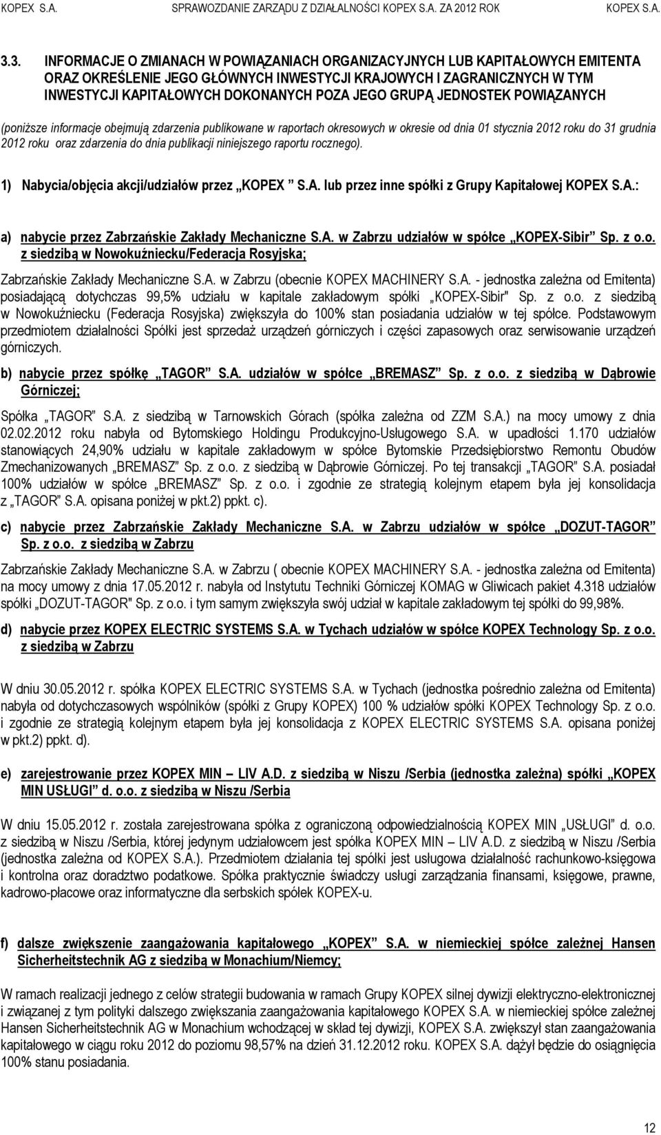 publikacji niniejszego raportu rocznego). 1) Nabycia/objęcia akcji/udziałów przez KOPEX S.A. lub przez inne spółki z Grupy Kapitałowej KOPEX S.A.: a) nabycie przez Zabrzańskie Zakłady Mechaniczne S.A. w Zabrzu udziałów w spółce KOPEX-Sibir Sp.