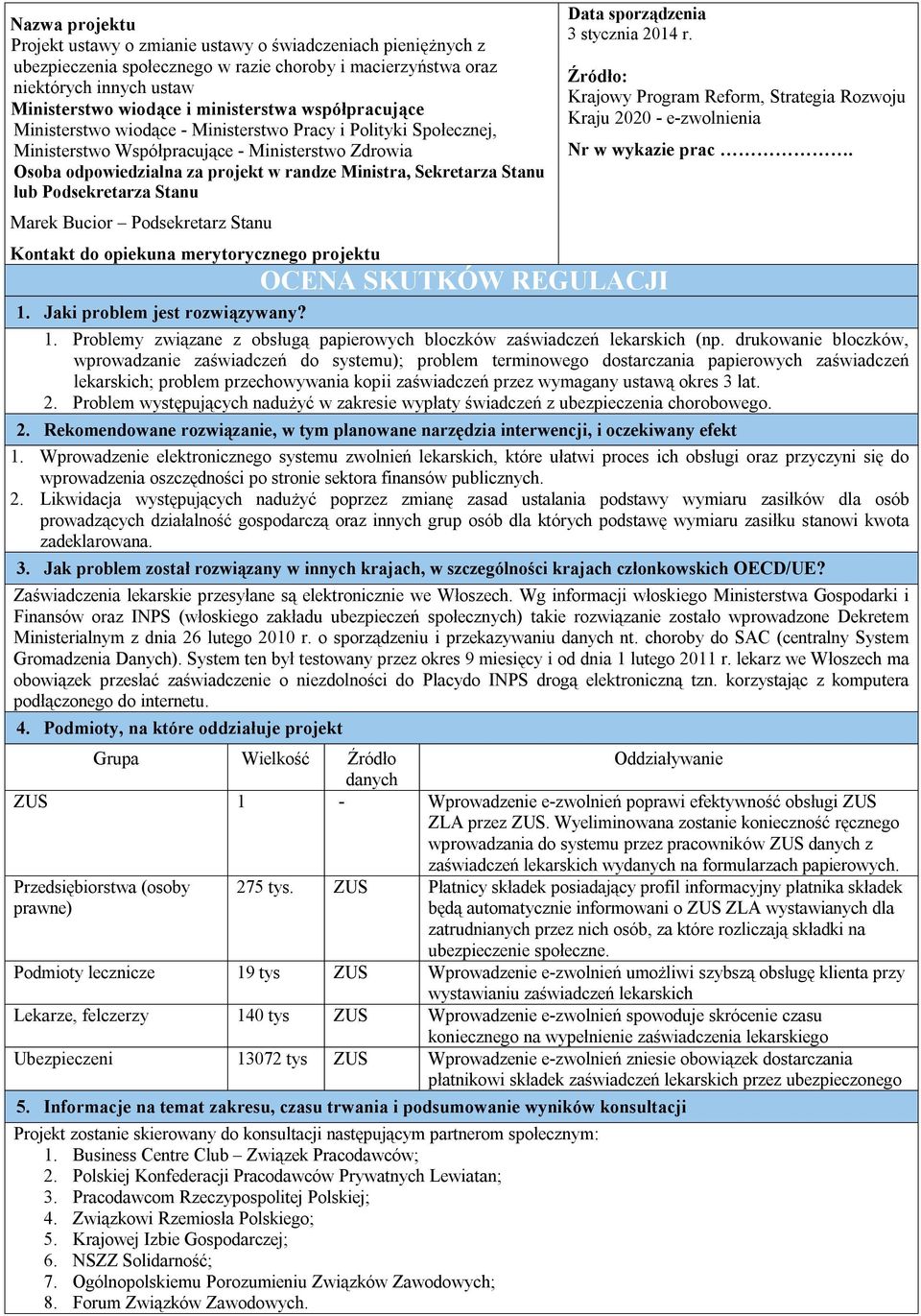 lub Podsekretarza Stanu Marek Bucior Podsekretarz Stanu Kontakt do opiekuna merytorycznego projektu Data sporządzenia 3 stycznia 2014 r.