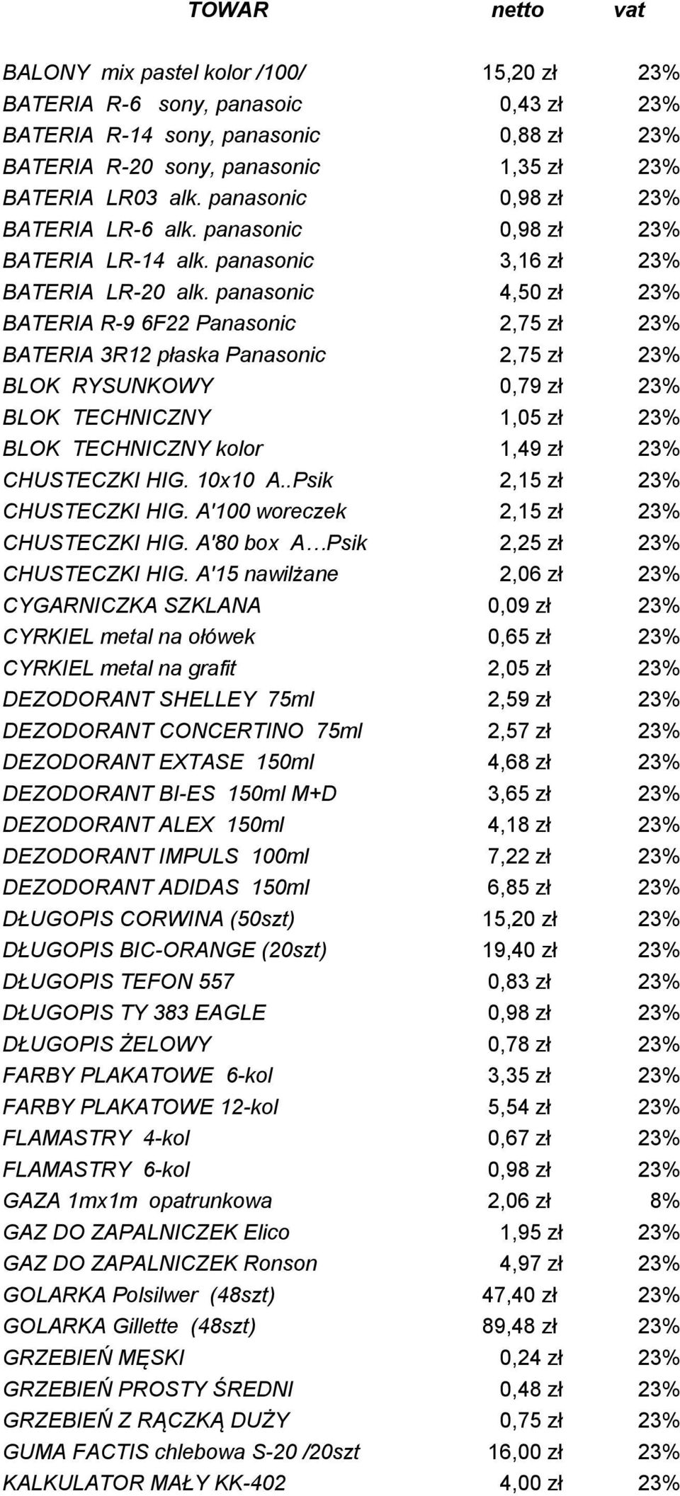 panasonic 4,50 zł 23% BATERIA R-9 6F22 Panasonic 2,75 zł 23% BATERIA 3R12 płaska Panasonic 2,75 zł 23% BLOK RYSUNKOWY 0,79 zł 23% BLOK TECHNICZNY 1,05 zł 23% BLOK TECHNICZNY kolor 1,49 zł 23%