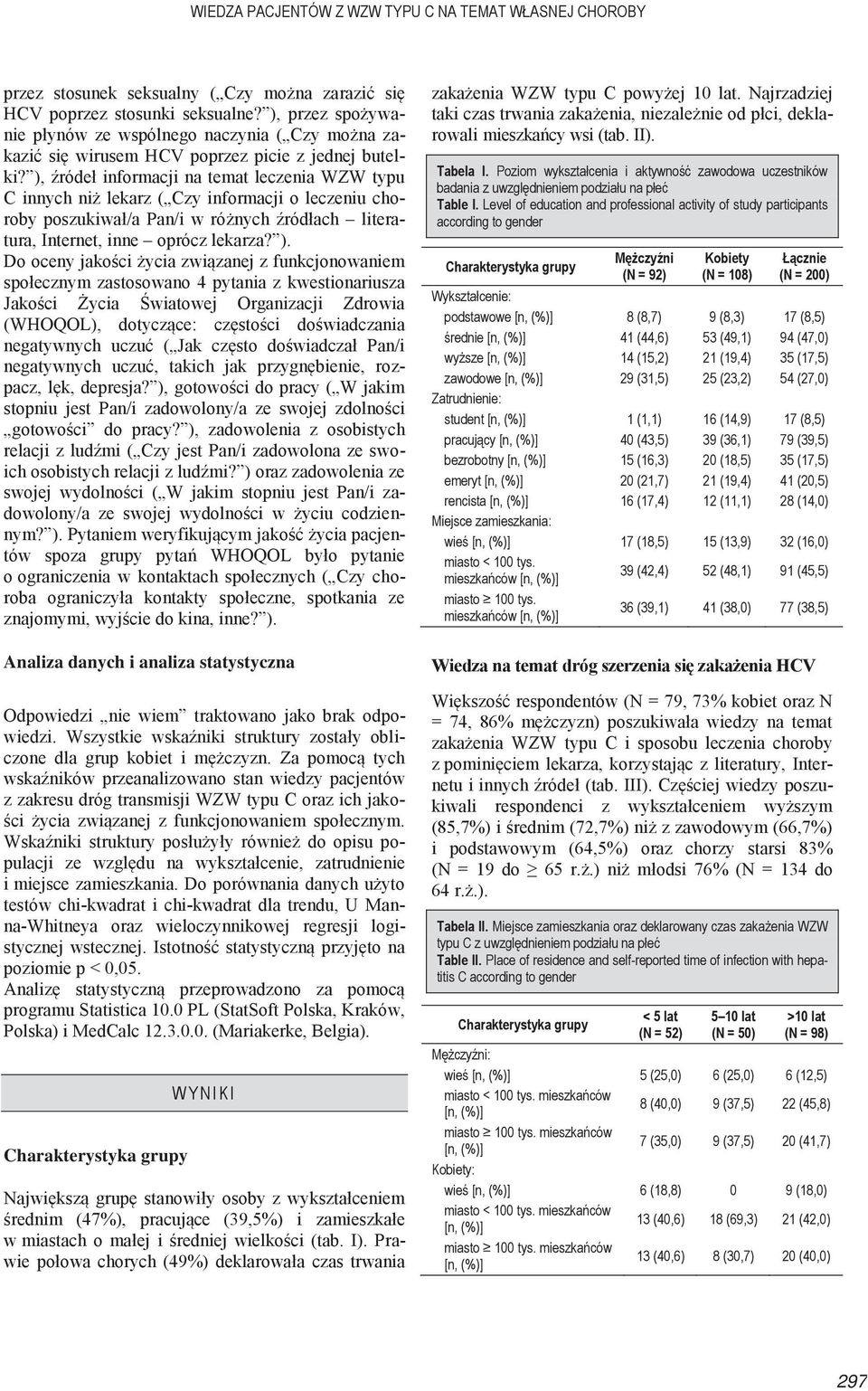 Level of education and professional activity of study participants according to gender Charakterystyka grupy Mężczyźni (N = 92) Kobiety (N = 108) Łącznie (N = 200) Wykształcenie: podstawowe [n, (%)]