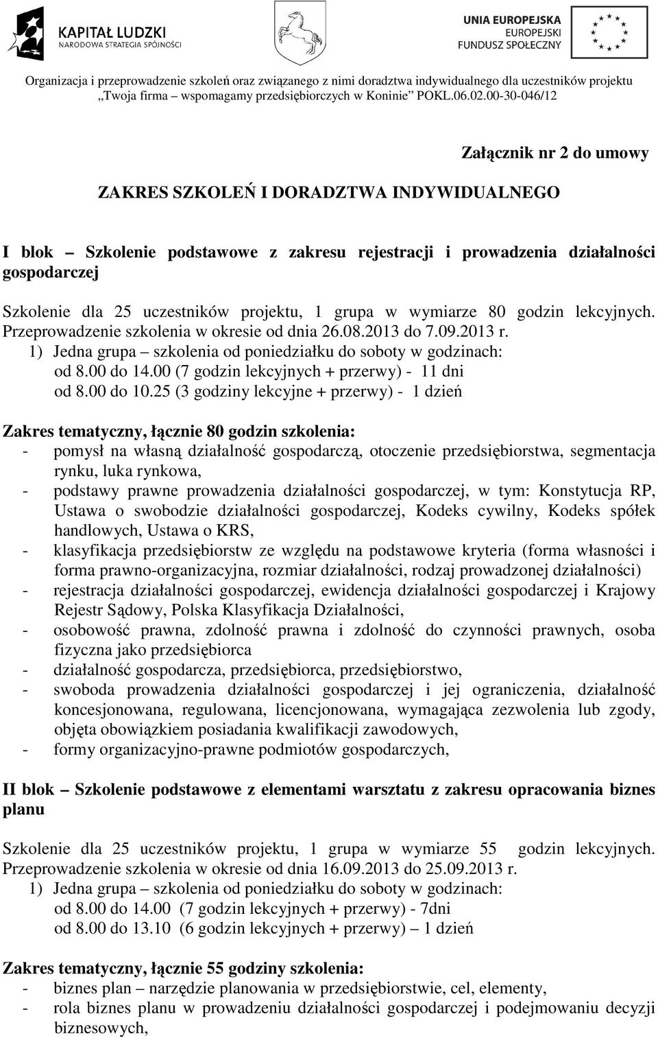 25 (3 godziny lekcyjne + przerwy) - 1 dzień Zakres tematyczny, łącznie 80 godzin szkolenia: - pomysł na własną działalność gospodarczą, otoczenie przedsiębiorstwa, segmentacja rynku, luka rynkowa, -