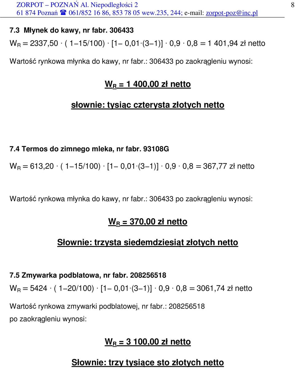 93108G W R = 613,20 ( 1 15/100) [1 0,01 (3 1)] 0,9 0,8 = 367,77 zł netto Wartość rynkowa młynka do kawy, nr fabr.