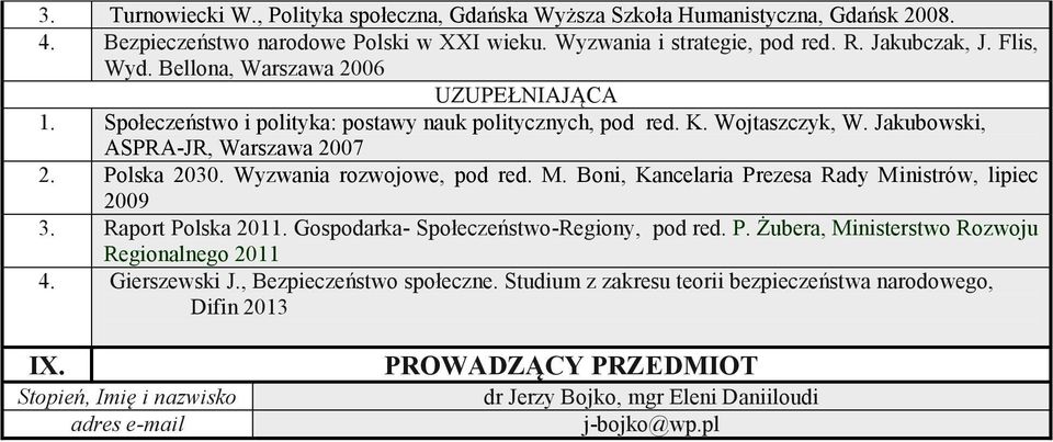 Wyzwania rozwojowe, pod red. M. Boni, Kancelaria Prezesa Rady Ministrów, lipiec 2009 3. Raport Polska 2011. Gospodarka- Społeczeństwo-Regiony, pod red. P. Żubera, Ministerstwo Rozwoju Regionalnego 2011 4.