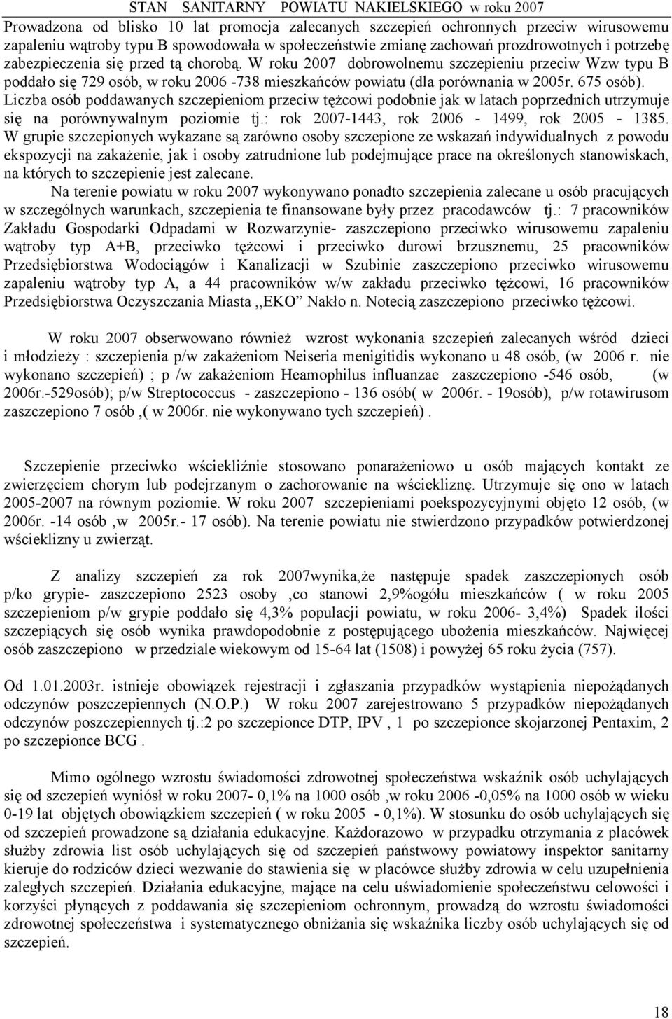 Liczba osób poddawanych szczepieniom przeciw tężcowi podobnie jak w latach poprzednich utrzymuje się na porównywalnym poziomie tj.: rok 2007-1443, rok 2006-1499, rok 2005-1385.