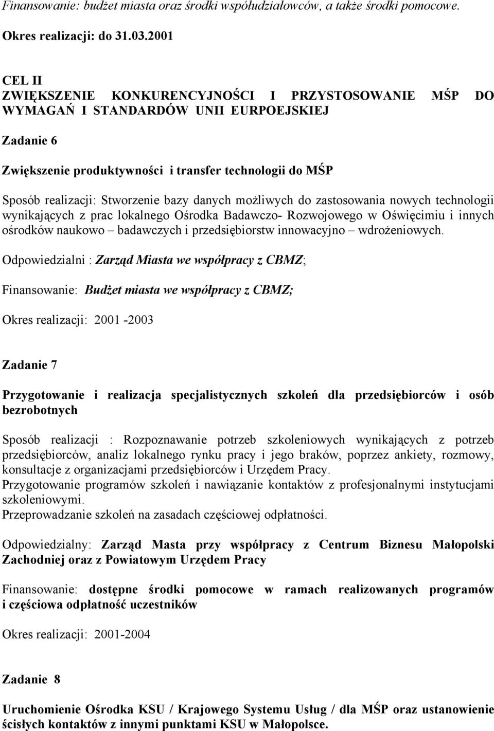 Stworzenie bazy danych możliwych do zastosowania nowych technologii wynikających z prac lokalnego Ośrodka Badawczo- Rozwojowego w Oświęcimiu i innych ośrodków naukowo badawczych i przedsiębiorstw