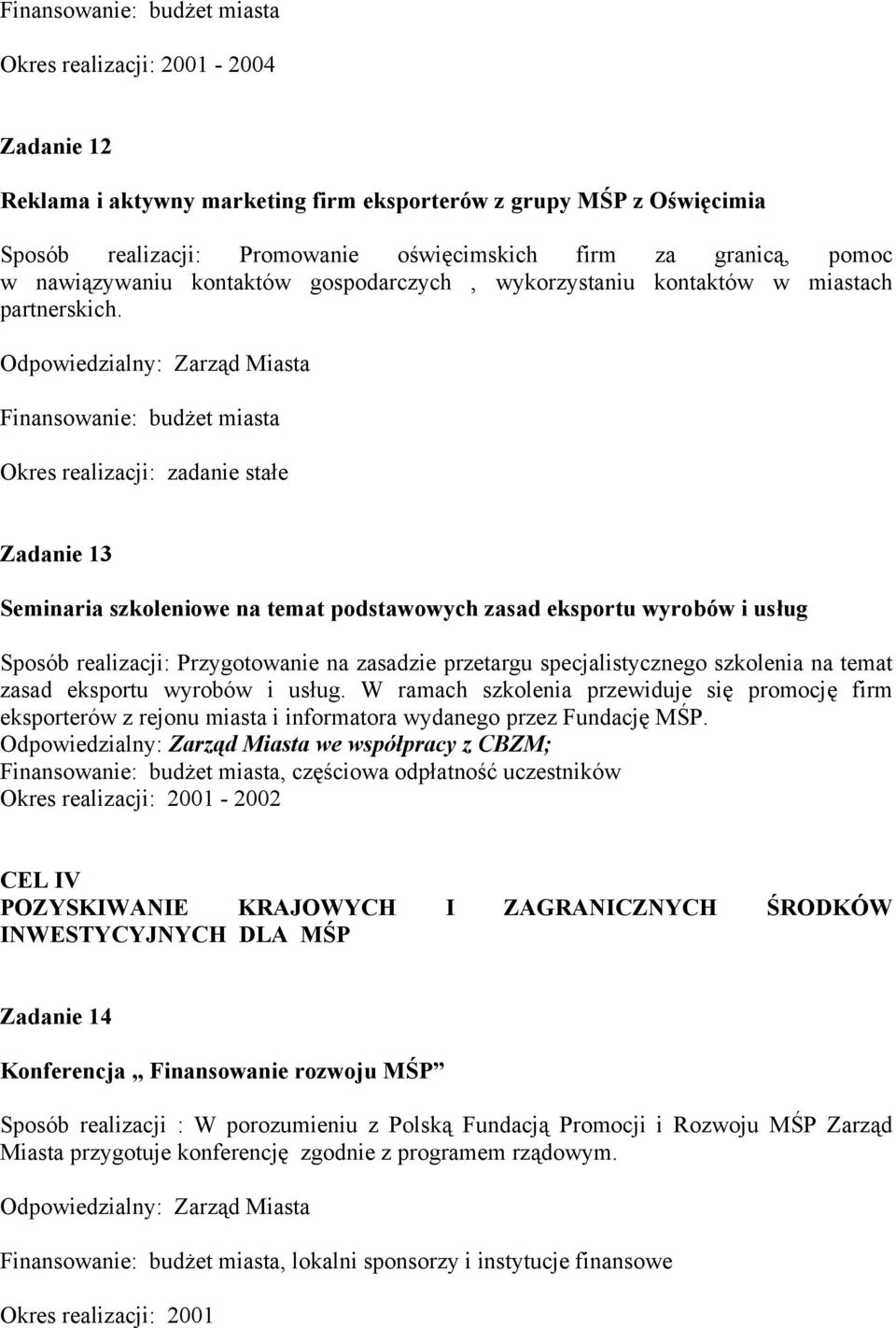 Finansowanie: budżet miasta Okres realizacji: zadanie stałe Zadanie 13 Seminaria szkoleniowe na temat podstawowych zasad eksportu wyrobów i usług Sposób realizacji: Przygotowanie na zasadzie