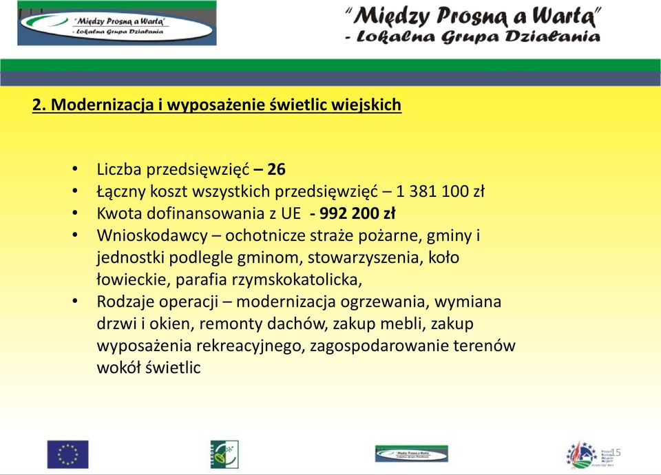 gminom, stowarzyszenia, koło łowieckie, parafia rzymskokatolicka, Rodzaje operacji modernizacja ogrzewania, wymiana