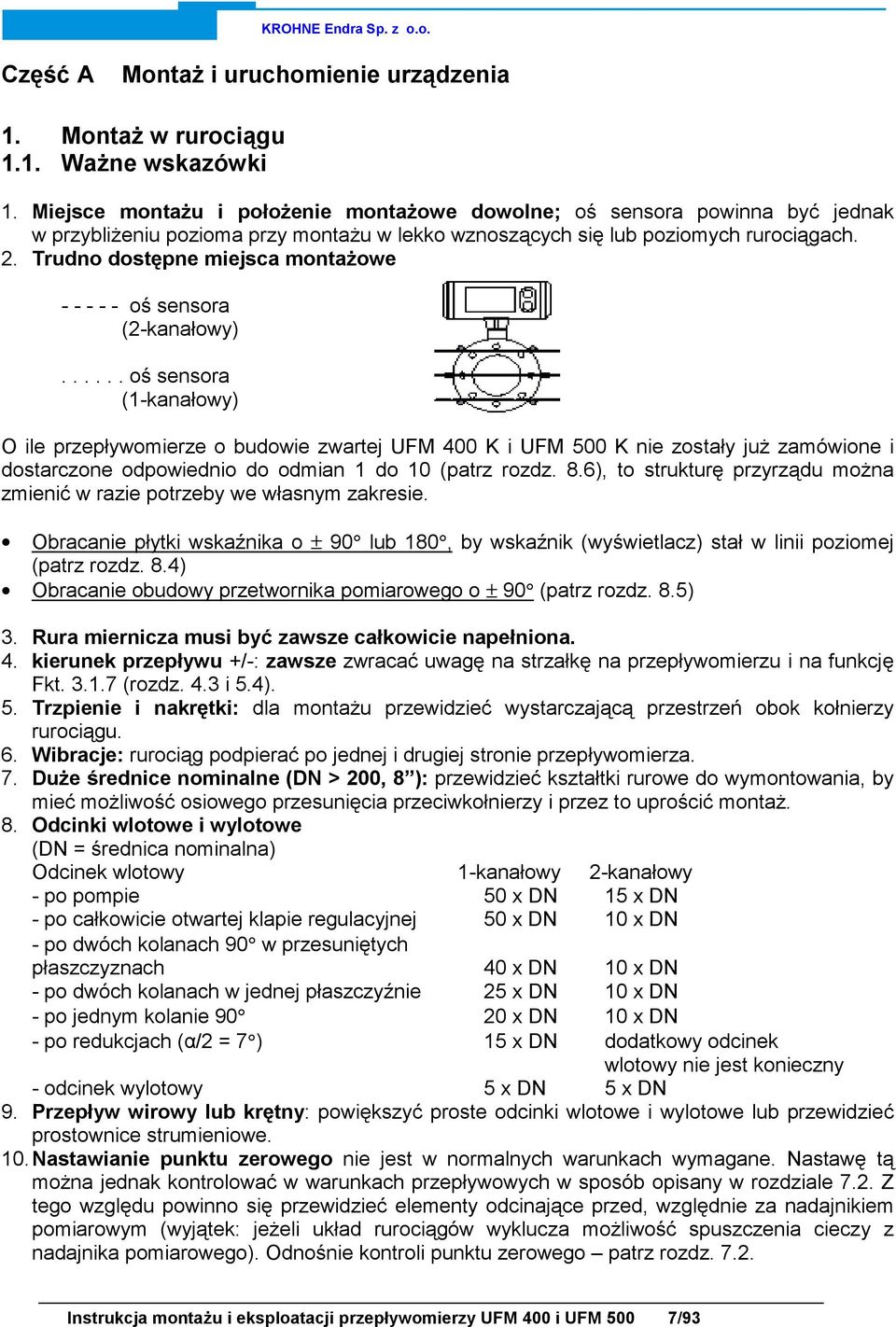 Trudno dostępne miejsca montażowe - - - - - oś sensora (2-kanałowy).