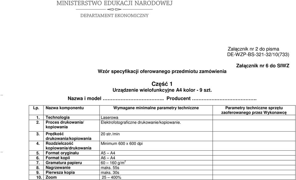 Technologia Laserowa 2. Proces drukowania/ Elektrofotograficzne drukowanie/kopiowanie. kopiowania 3. Prędkość 20 str./min drukowania/kopiowania 4.