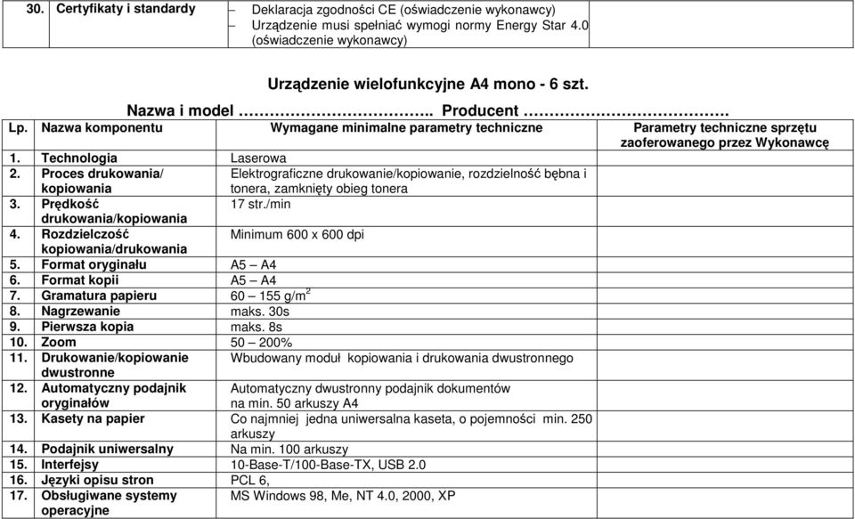 Proces drukowania/ kopiowania Elektrograficzne drukowanie/kopiowanie, rozdzielność bębna i tonera, zamknięty obieg tonera 3. Prędkość 17 str./min drukowania/kopiowania 4.