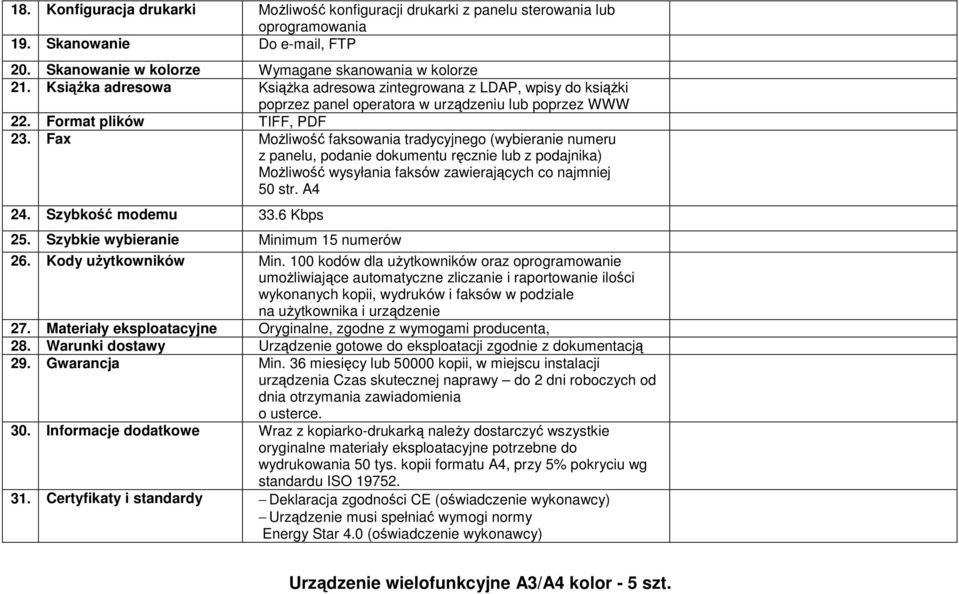 Fax MoŜliwość faksowania tradycyjnego (wybieranie numeru z panelu, podanie dokumentu ręcznie lub z podajnika) MoŜliwość wysyłania faksów zawierających co najmniej 50 str. A4 24. Szybkość modemu 33.