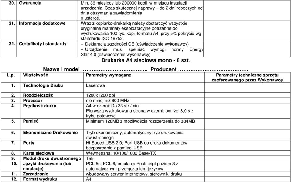 kopii formatu A4, przy 5% pokryciu wg standardu ISO 19752. 32. Certyfikaty i standardy Deklaracja zgodności CE (oświadczenie wykonawcy) Urządzenie musi spełniać wymogi normy Energy Star 4.