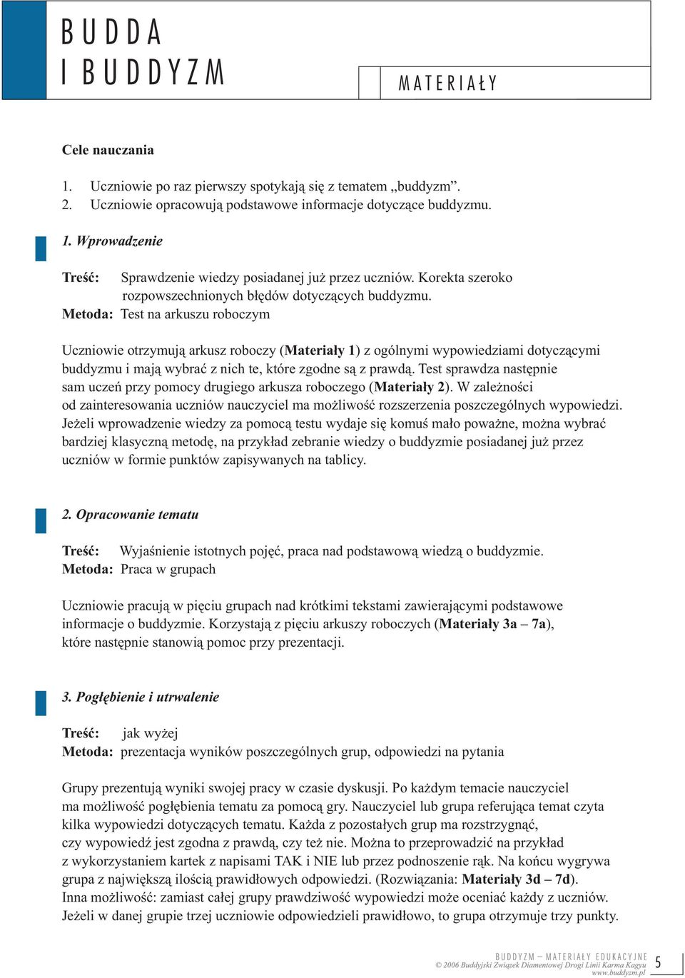 Metoda: Test na arkuszu roboczym Uczniowie otrzymują arkusz roboczy (Materiały 1) z ogólnymi wypowiedziami dotyczącymi buddyzmu i mają wybrać z nich te, które zgodne są z prawdą.