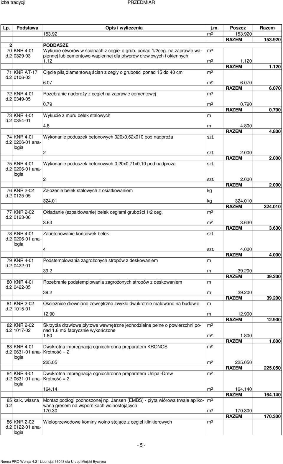 120 Cięcie piłą diaentową ścian z cegły o grubości ponad 15 do 40 c 6.07 6.070 RAZEM 6.070 Rozebranie nadproŝy z cegieł na zaprawie ceentowej 3 0.79 3 0.790 RAZEM 0.