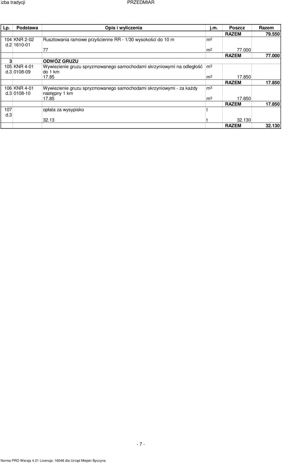 3 0108-09 do 1 k 17.85 3 17.850 RAZEM 17.850 106 KNR 4-01 Wywiezienie gruzu spryzowanego saochodai skrzyniowyi - za kaŝdy 3 d.