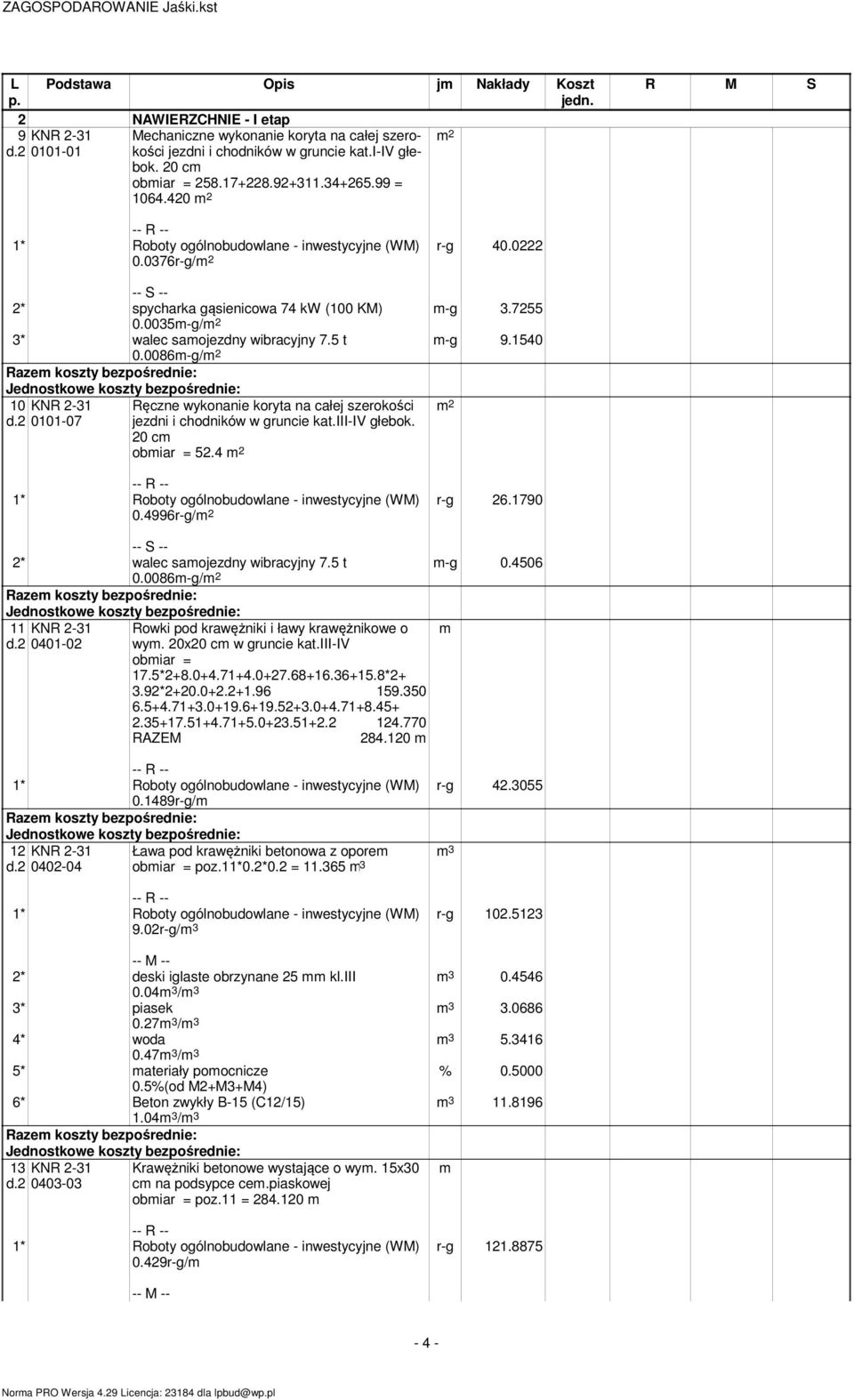 0086-g/ 10 0101-07 Ręczne wykonanie koryta na całej szerokości jezdni i chodników w gruncie kat.iii-iv głebok. 20 c obiar = 52.4 0.4996r-g/ r-g 26.1790 -g 0.4506 2* walec saojezdny wibracyjny 7.5 t 0.