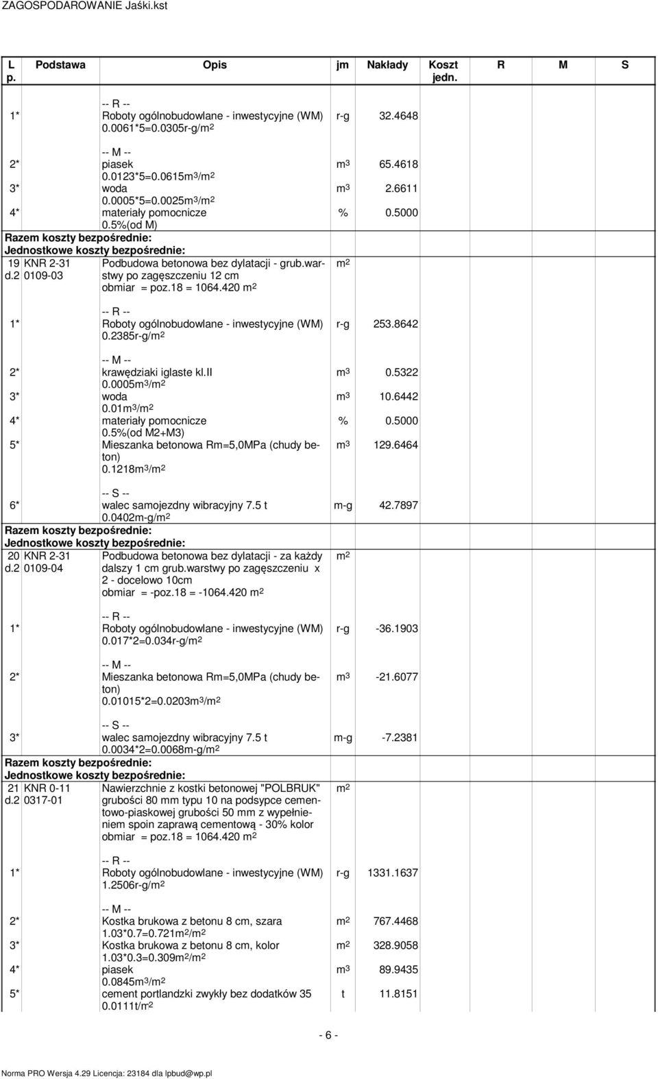 5%(od M2+M3) 5* Mieszanka betonowa R=5,0MPa (chudy beton) 0.1218 3 / 3 129.6464 -g 42.7897 6* walec saojezdny wibracyjny 7.5 t 0.