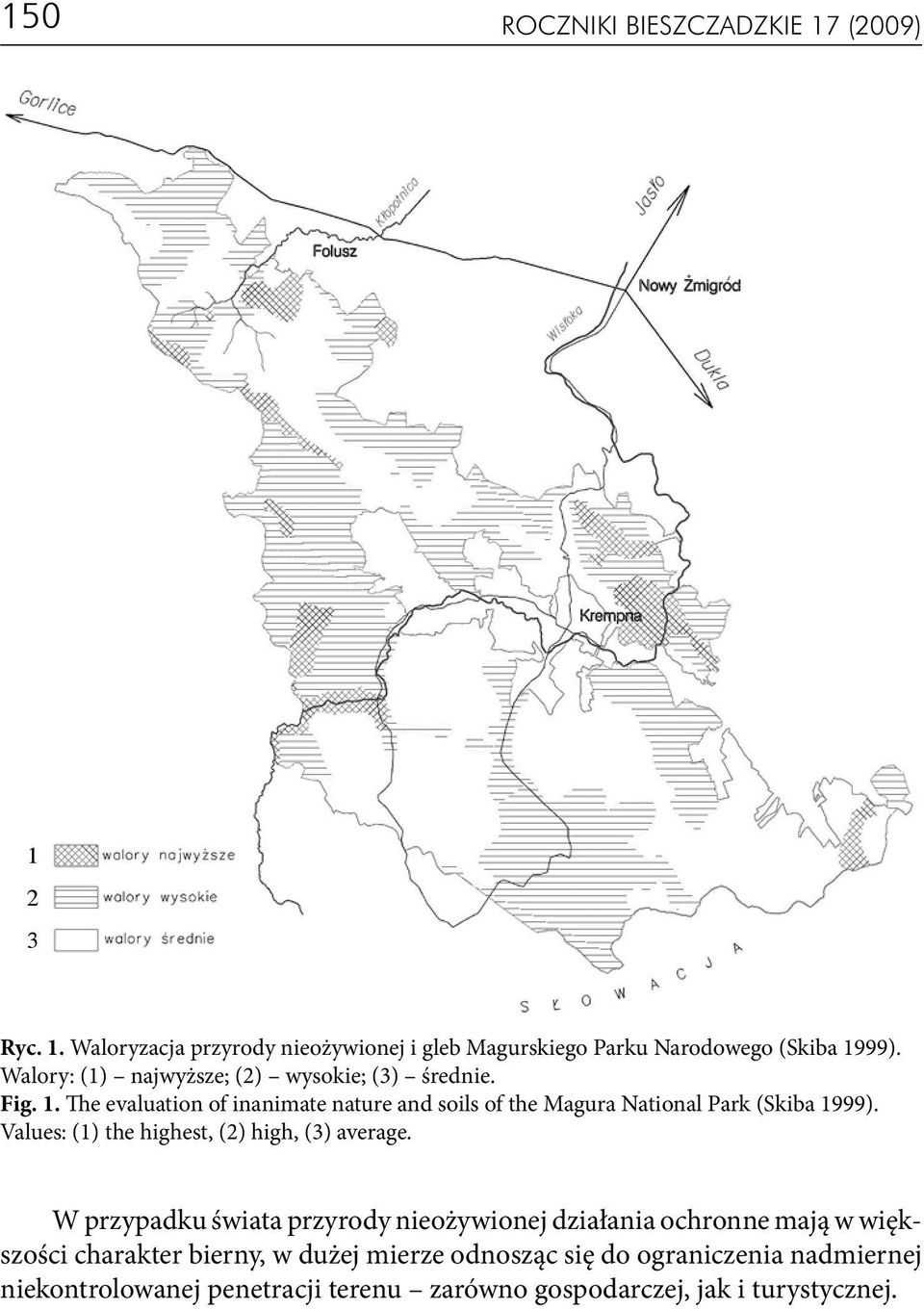 The evaluation of inanimate nature and soils of the Magura National Park (Skiba 1999). Values: (1) the highest, (2) high, (3) average.