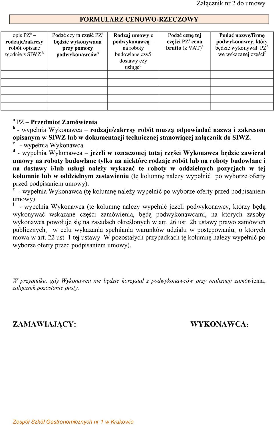 Przedmiot Zamówienia b - wypełnia Wykonawca rodzaje/zakresy robót muszą odpowiadać nazwą i zakresom opisanym w SIWZ lub w dokumentacji technicznej stanowiącej załącznik do SIWZ.