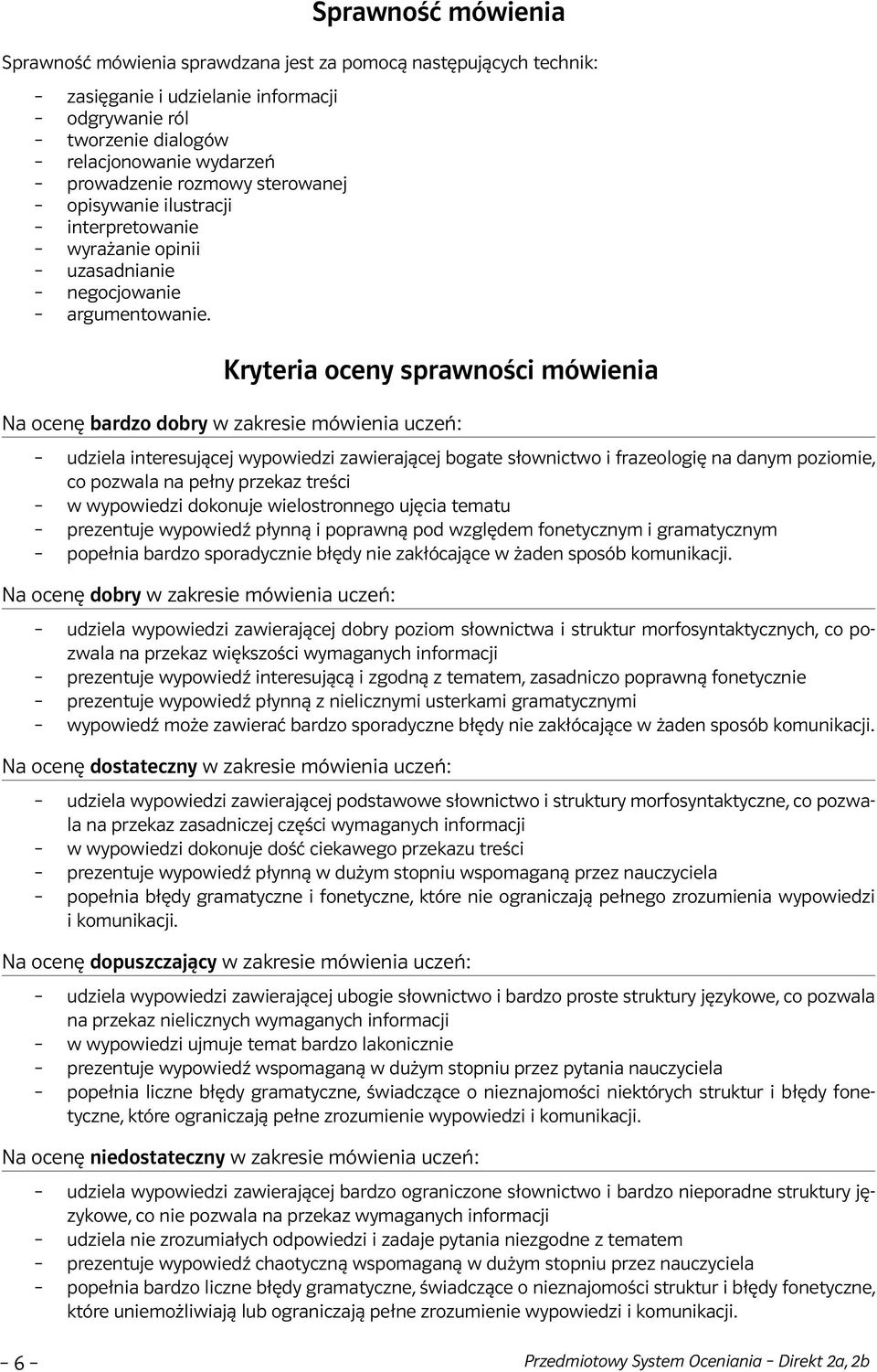 Kryteria oceny sprawności mówienia Na ocenę bardzo dobry w zakresie mówienia uczeń: udziela interesującej wypowiedzi zawierającej bogate słownictwo i frazeologię na danym poziomie, co pozwala na