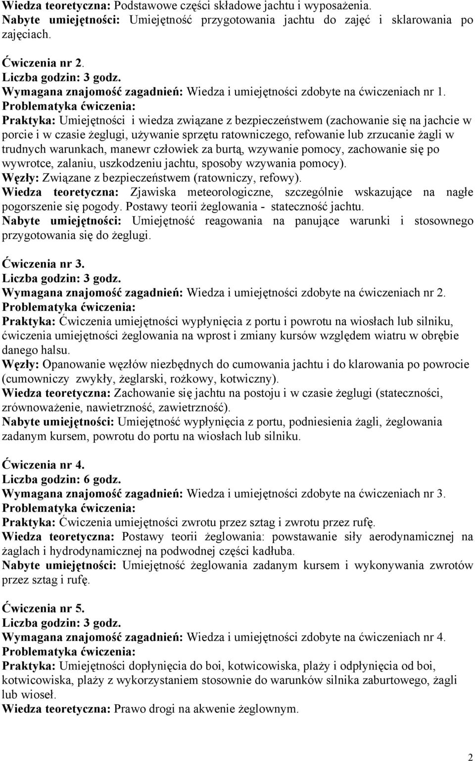 Praktyka: Umiejętności i wiedza związane z bezpieczeństwem (zachowanie się na jachcie w porcie i w czasie żeglugi, używanie sprzętu ratowniczego, refowanie lub zrzucanie żagli w trudnych warunkach,