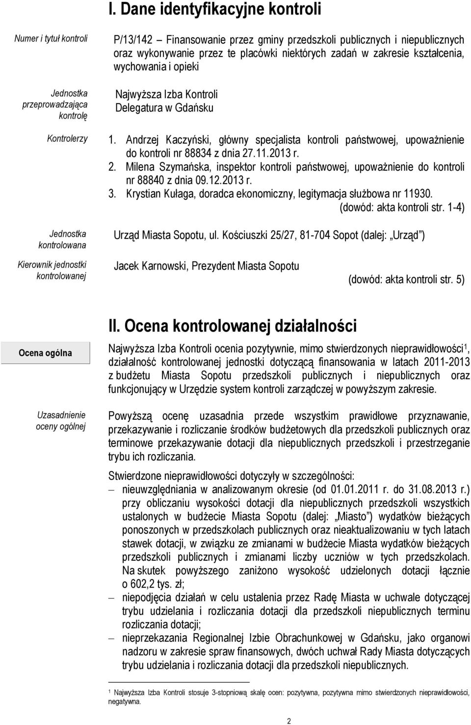 Andrzej Kaczyński, główny specjalista kontroli państwowej, upoważnienie do kontroli nr 88834 z dnia 27.11.2013 r. 2. Milena Szymańska, inspektor kontroli państwowej, upoważnienie do kontroli nr 88840 z dnia 09.