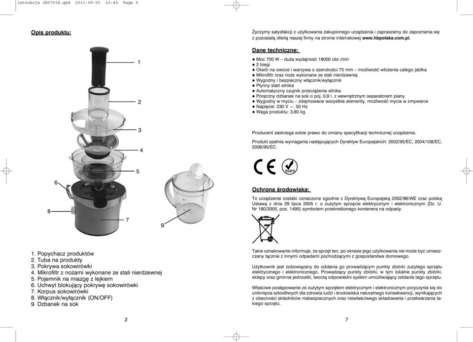 com.pl. Dane techniczne: 1 2 Moc 700 W duża wydajność 18000 obr.