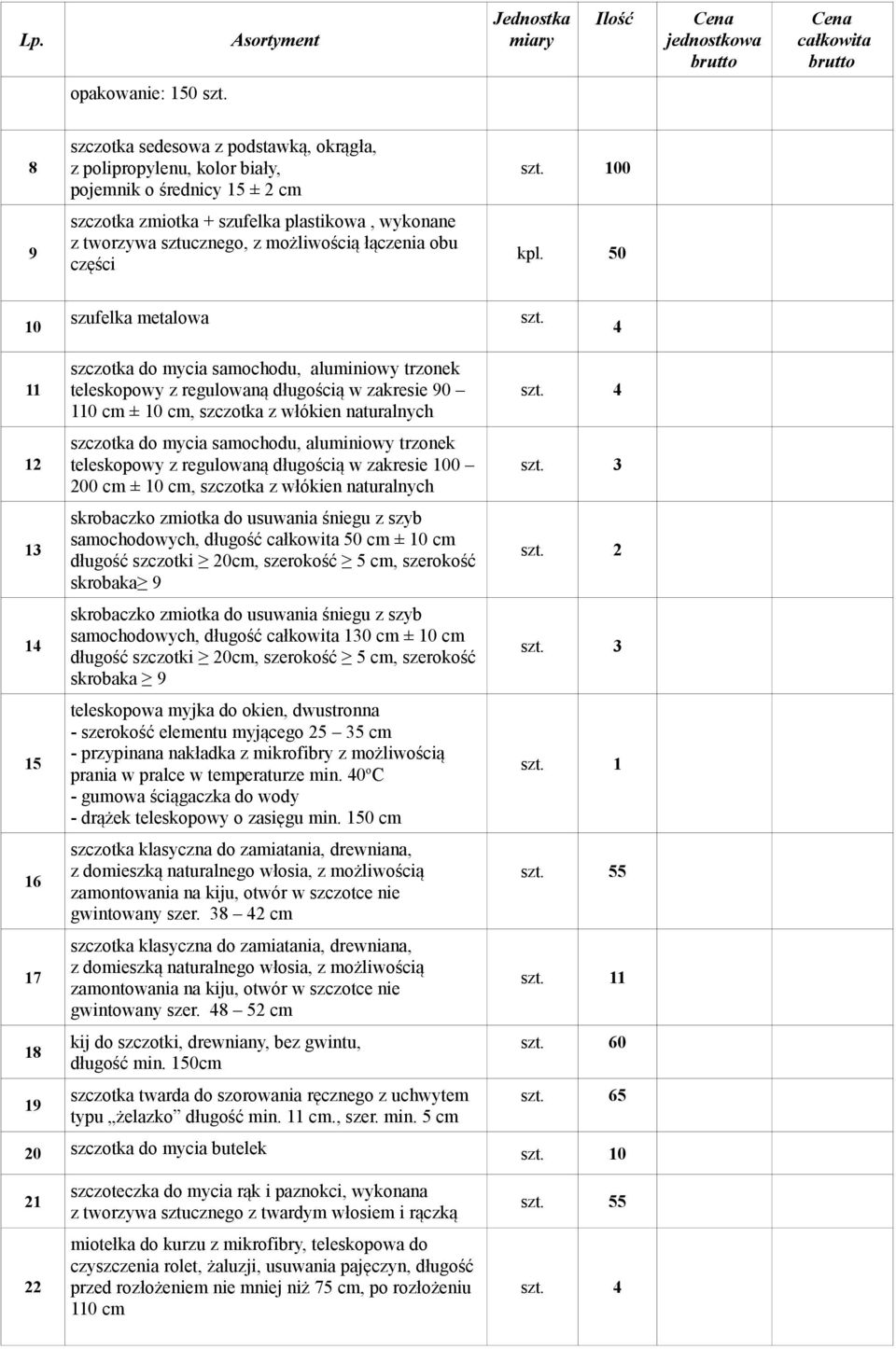 obu części szt. 100 kpl. 50 10 szufelka metalowa szt.