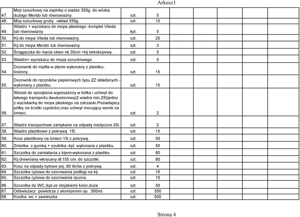 30cm +kij teleskopowy. szt. 5 53. Wiadro+ wyciskacz do mopa sznurkowego. szt. 5 54. Dozownik do mydła w płynie wykonany z plastikuścienny. szt. 15 Arkusz1 55. 56.