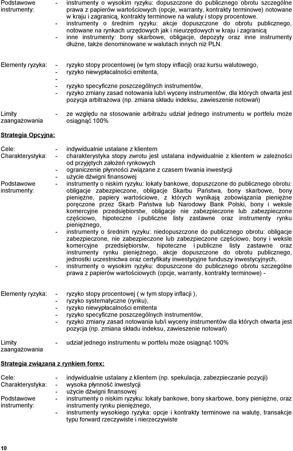 - instrumenty o średnim ryzyku: akcje dopuszczone do obrotu publicznego, notowane na rynkach urzędowych jak i nieurzędowych w kraju i zagranicą - inne bony skarbowe, obligacje, depozyty oraz inne